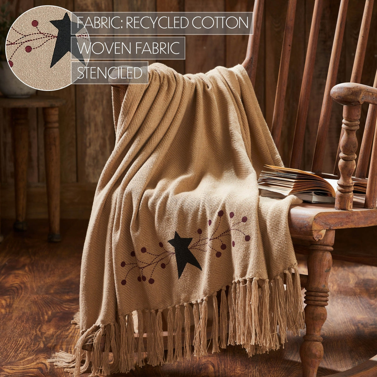 Primitive Pip Berry & Black Star Woven Fringed Tan Throw Blanket 50x60