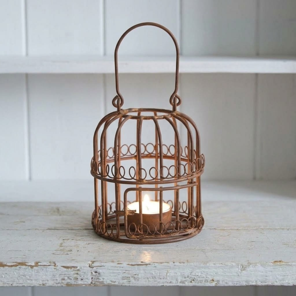 Miniature 4" Rusty Birdcage Tea Light Lantern, Primitive Farmhouse Candle Holder