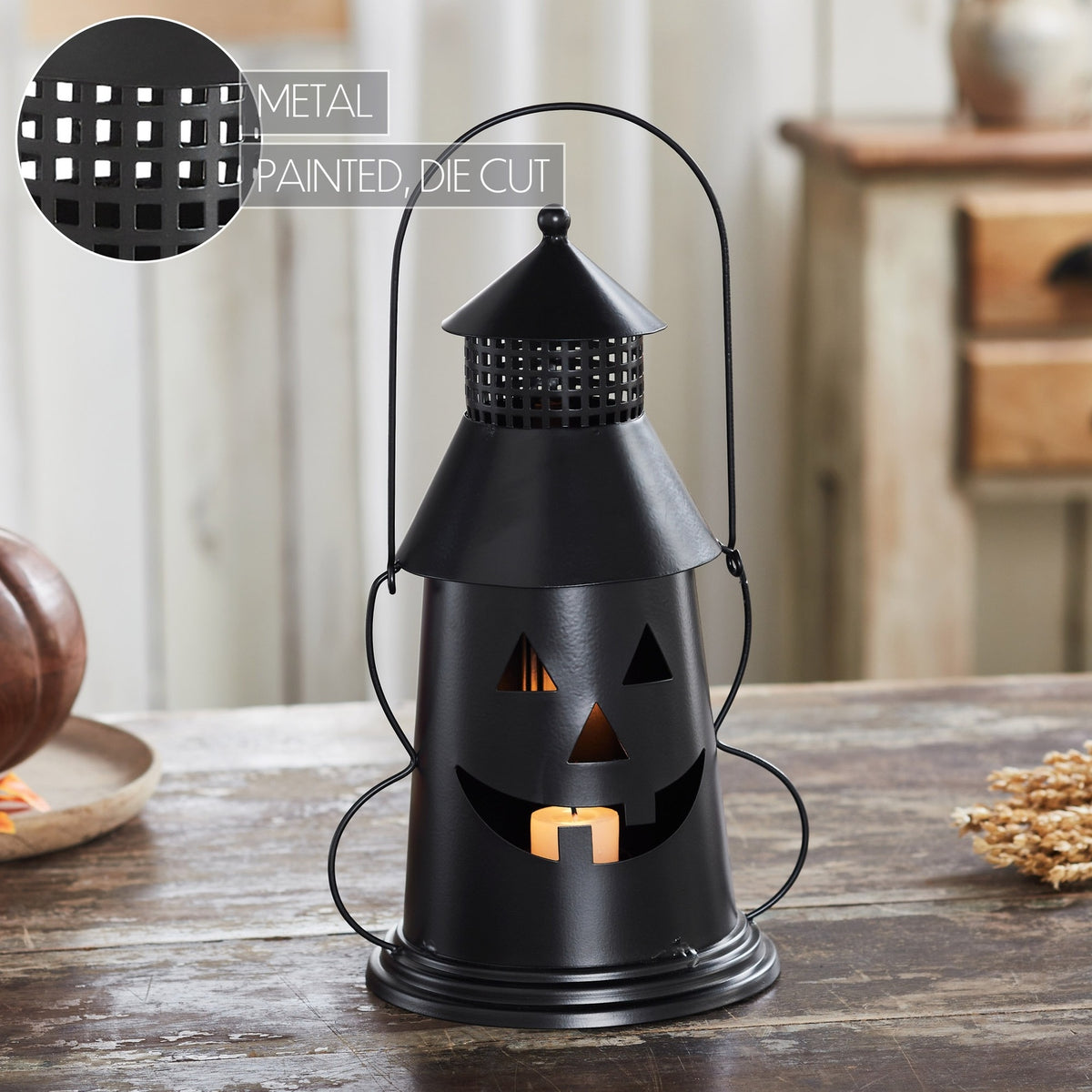 Black Metal Jack-o'-Lantern Halloween Tealight and Votive Candle Holder 12" – alternate angle