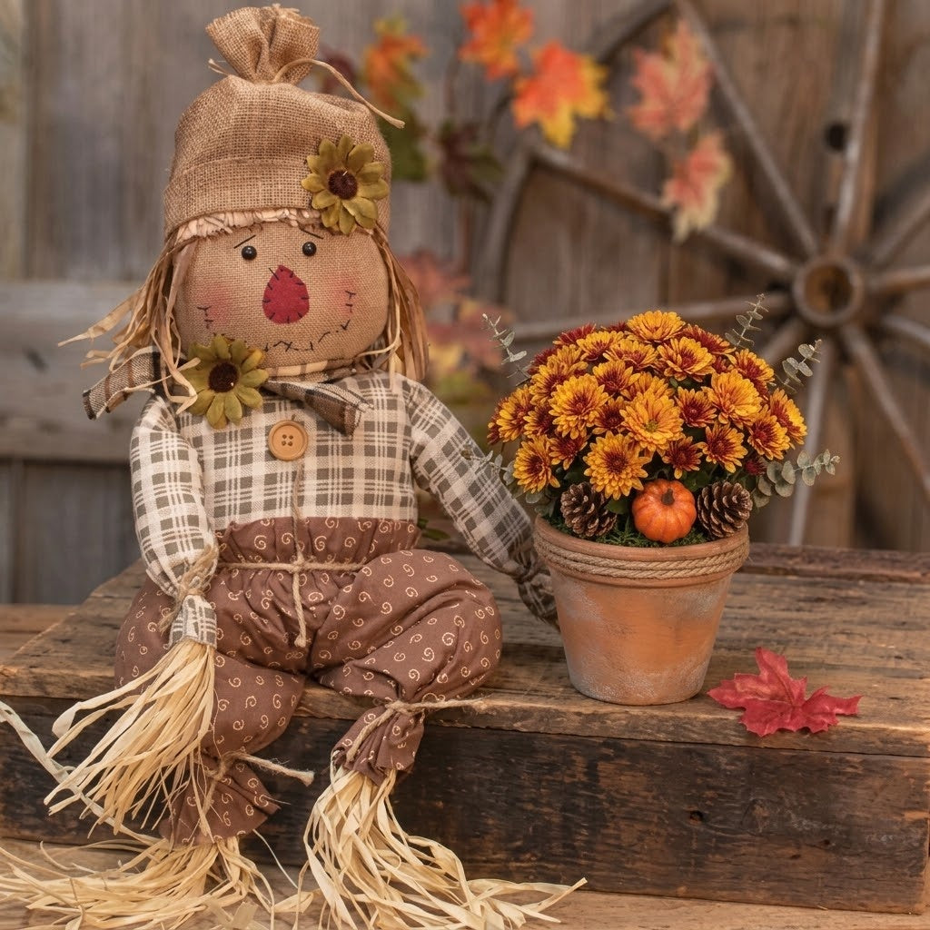 Edgar The Primitive Scarecrow, Rustic Fall Harvest 27" Prim Doll Shelf Sitter
