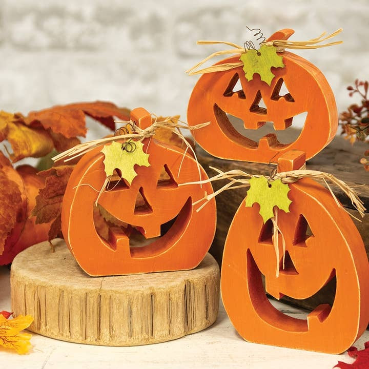 Halloween Set of Three Small Cutout Orange Jack O Lantern Chunky Shelf Sitters