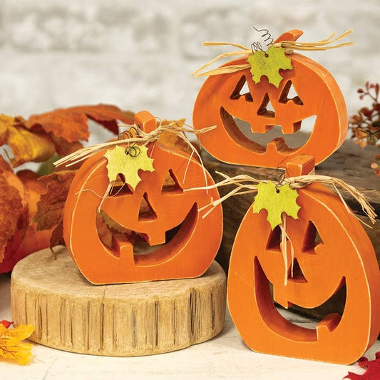 Halloween Set of Three Small Cutout Orange Jack O Lantern Chunky Shelf Sitters