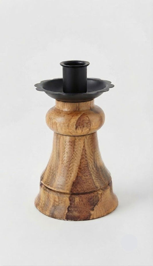 Natural Wood and Black Metal Cone Spindle Taper Candle Holder, 5.75"