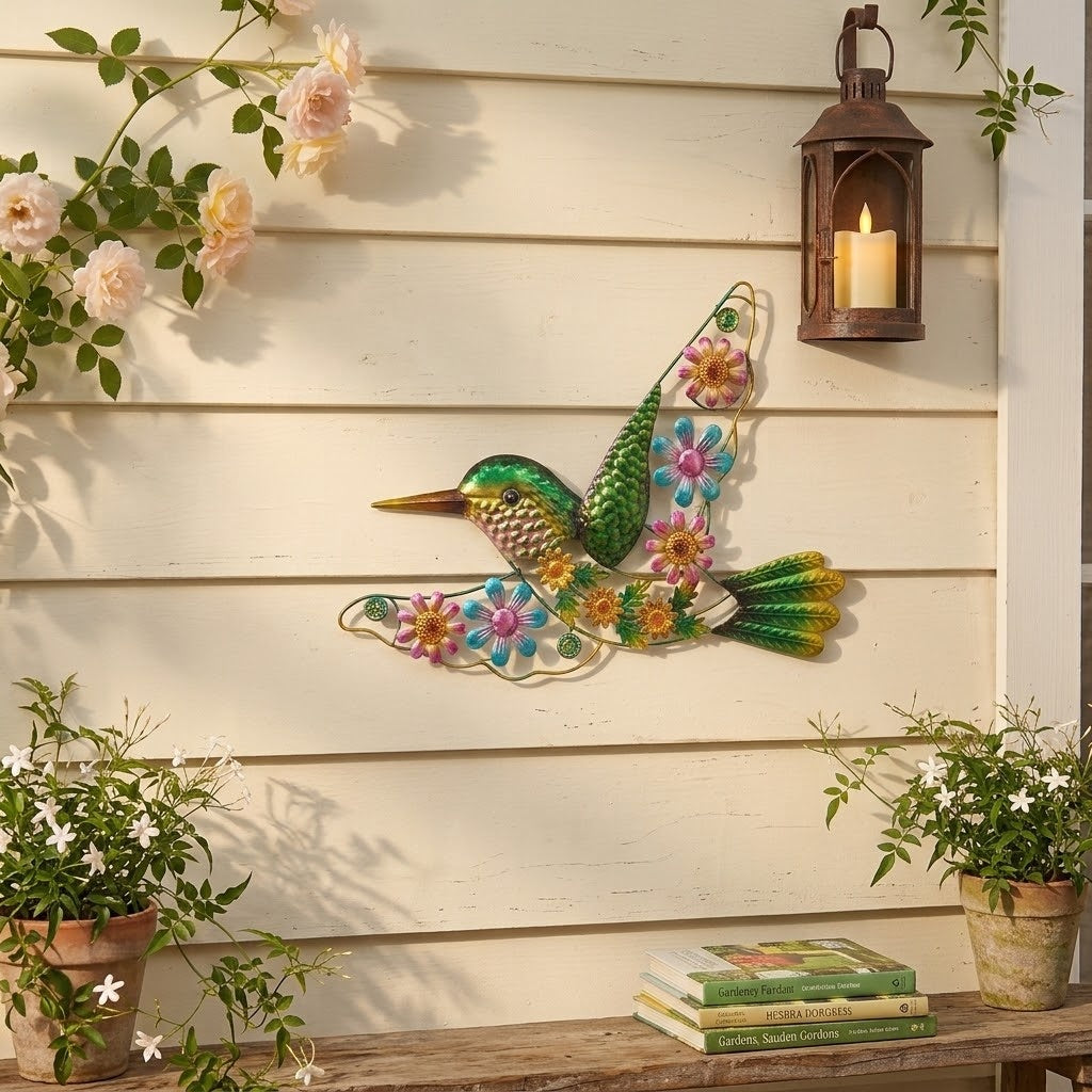 19" Colorful Metal and Acrylic Floral Hummingbird Indoor/Outdoor Wall Art