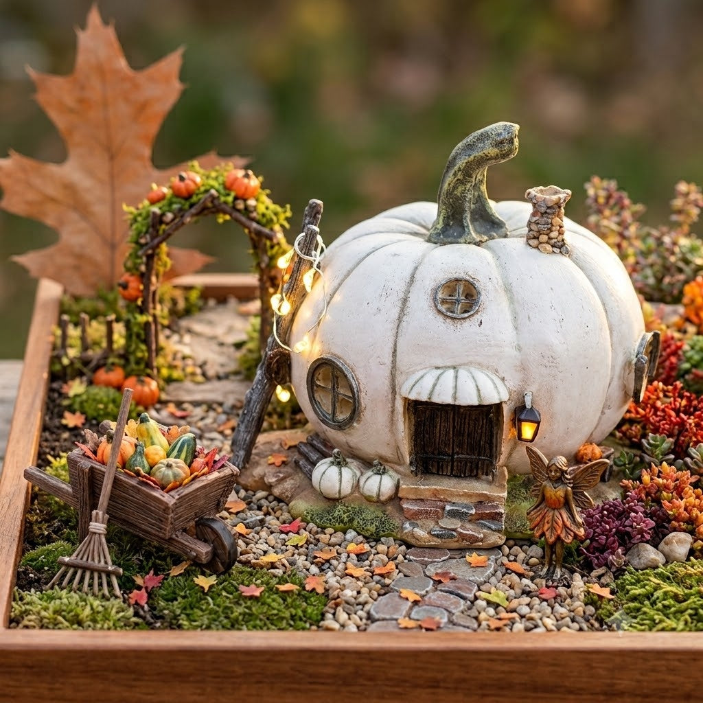 Miniature White Pumpkin Fairy House, Mini 4" Fall Garden, Home Accent