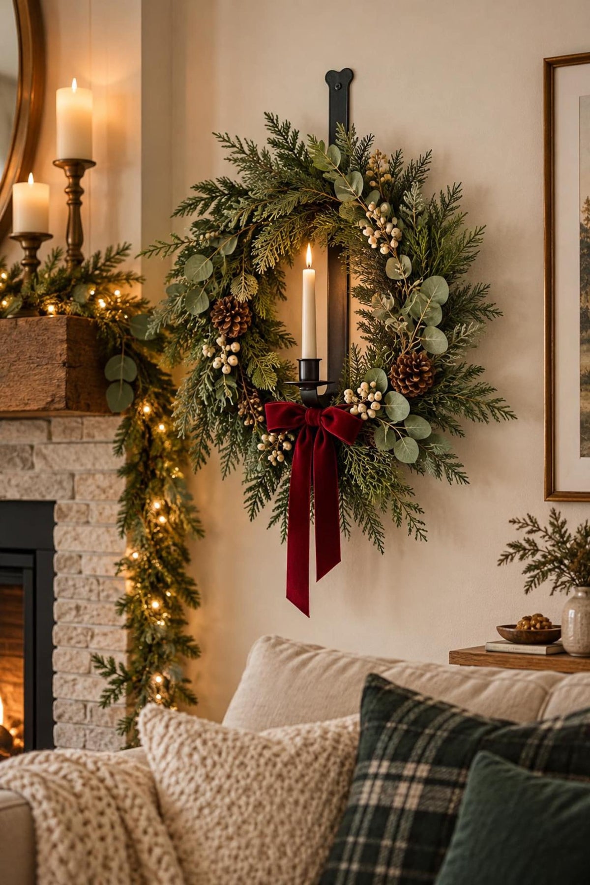 Black Iron 18" Wall Mount Hand-Crafted Holiday Wreath & Taper Candle Holder