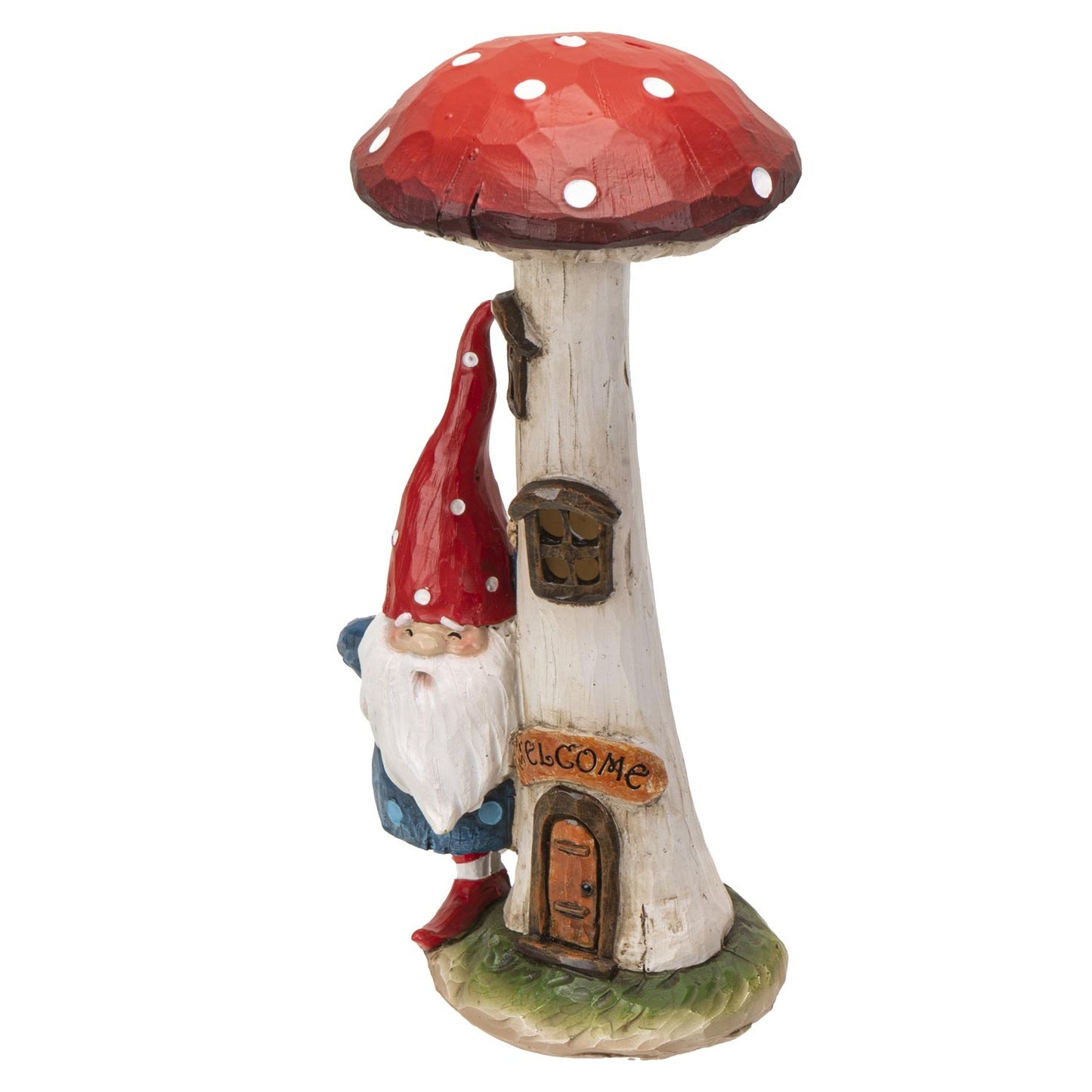 Fairy Garden Gnome with Tall Welcome Mushroom LED Toadstool House