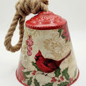 Holiday Cardinal Bell Decor with Jute Rope Hanger, Musical Notes & Poinsettias