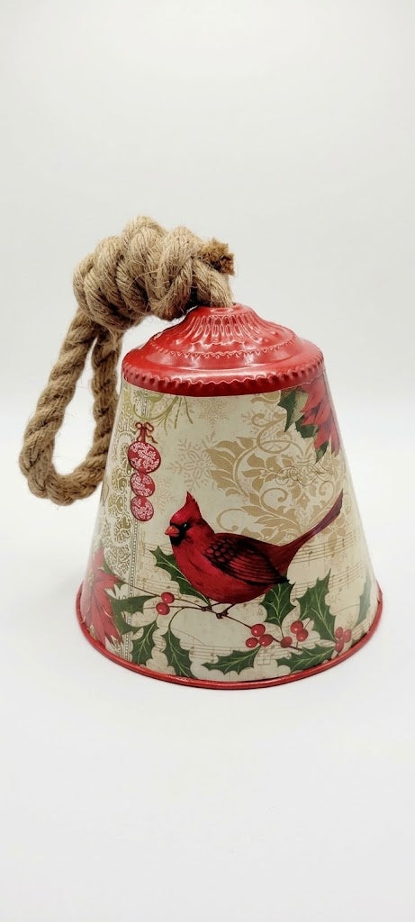 Holiday Cardinal Bell Decor with Jute Rope Hanger, Musical Notes & Poinsettias