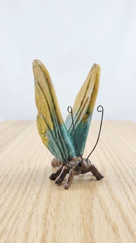 Colorful Yellow and Turquoise Resin Sitting 6" Butterfly Garden Accent