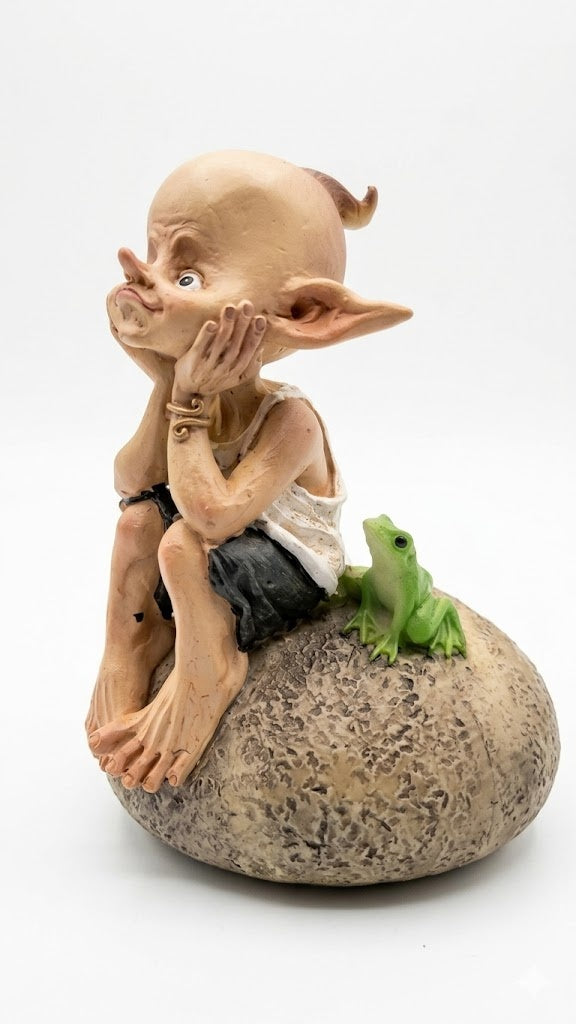 Fairy Garden Pixie and Frog on Rock 4" Miniature Resin Statuette, Figurine