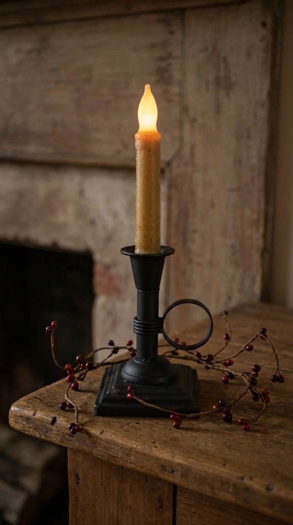 Primitive 6" Black Metal Chamberstick Candle Holder with Timer Taper Candle