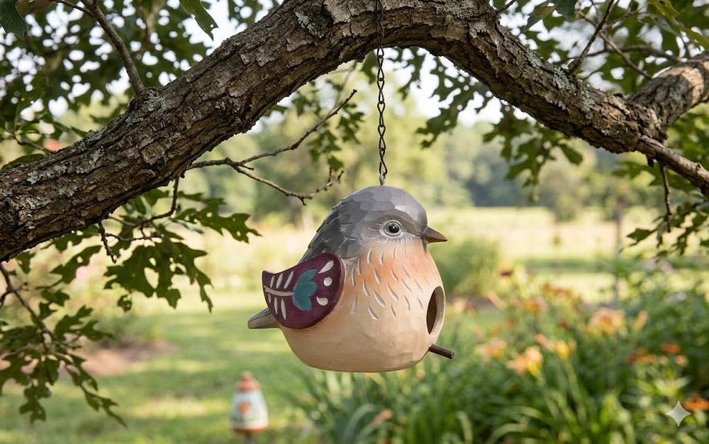 Cute Textured Floral Bird Hanging Birdhouse 6" Whimsical Outdoor Garden Decor