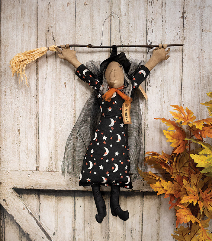 Primitive Halloween Witch Minerva Hanging Decor, Gothic Folk Art Doll, 25"