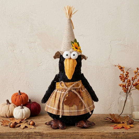 Rustic 14" Autumn Girl Crow Shelf Sitter Figurine, Country Fall Shelf Decor
