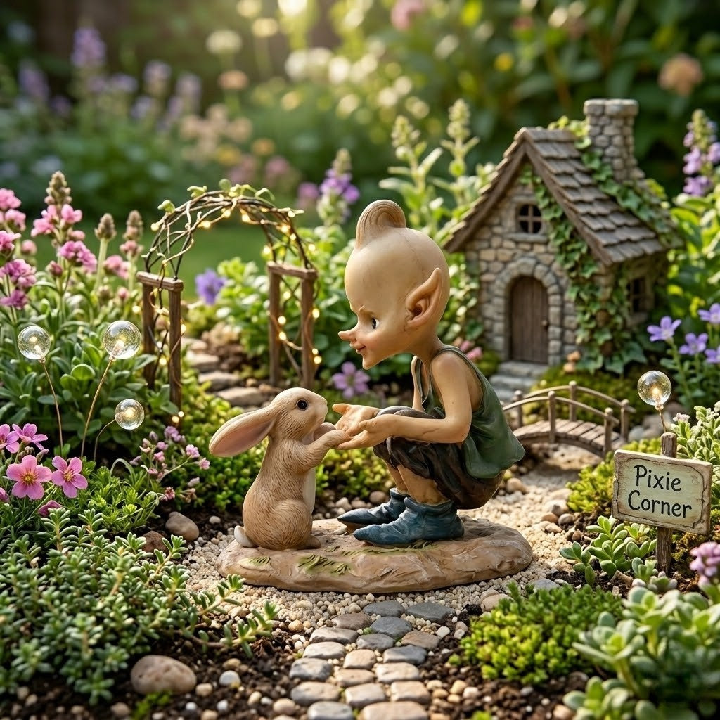 Fairy Garden Pixie and Bunny 4" Miniature Resin Statuette, Figurine