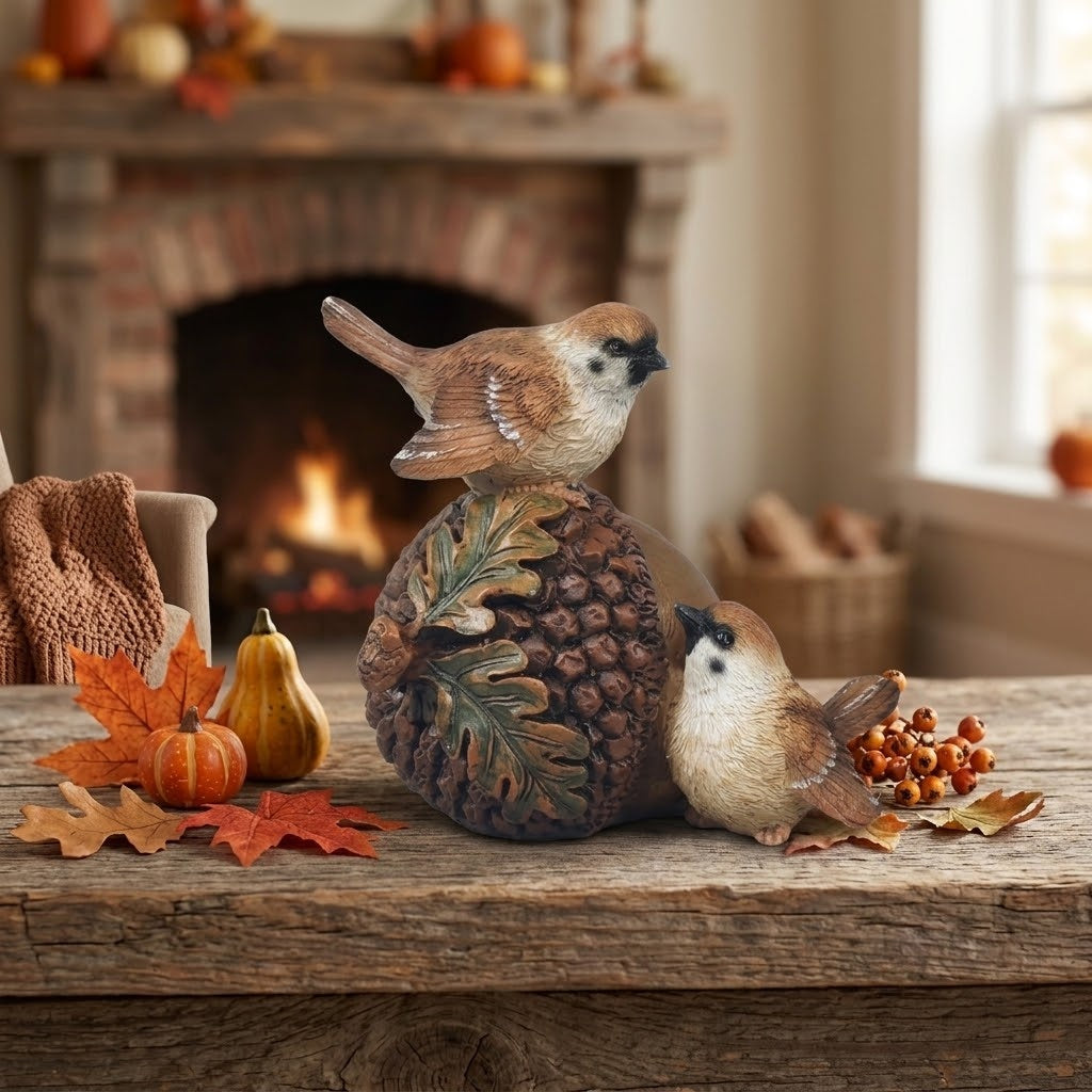 Autumn Acorn & Songbirds Figurine 5" - Woodland Bird Fall Tabletop Accent