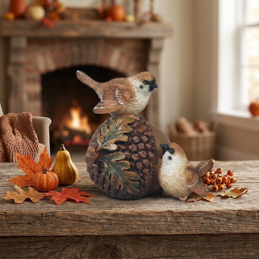 Autumn Acorn & Songbirds Figurine 5" - Woodland Bird Fall Tabletop Accent