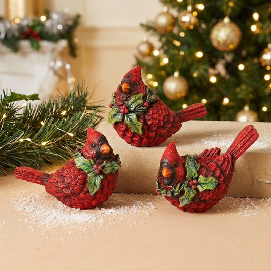 Red Cardinal Figurines Set of 3 Christmas Bird Decor with Glitter Holly Accents