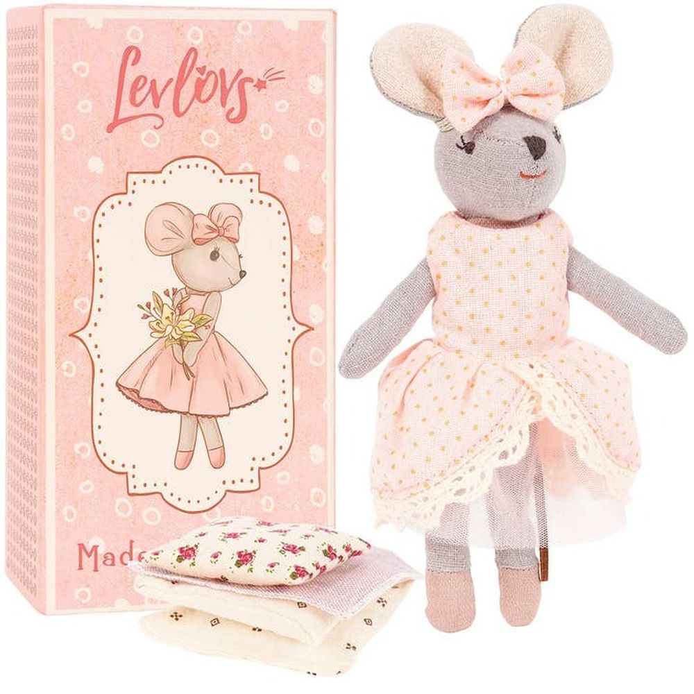 Levlovs Jasmine Mouse in Pink Polka Dot Dress with Keepsake Box and Bedding