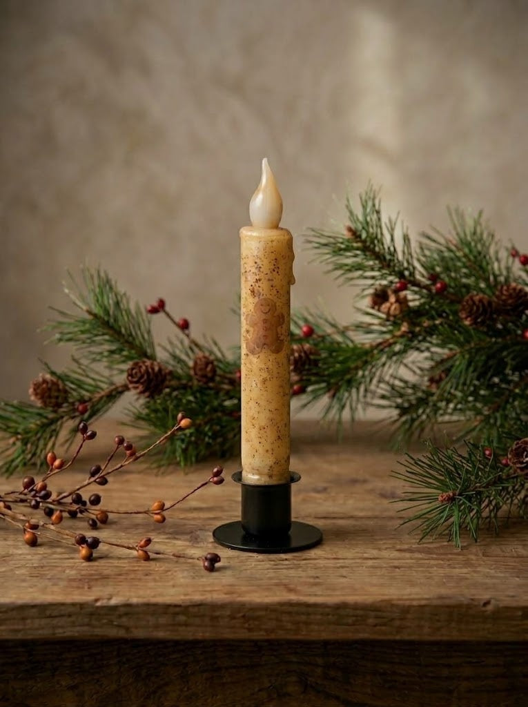 Gingerbread CInnamon/Clove Dusted 7" Led Timer Taper Candle and Black Holder Set