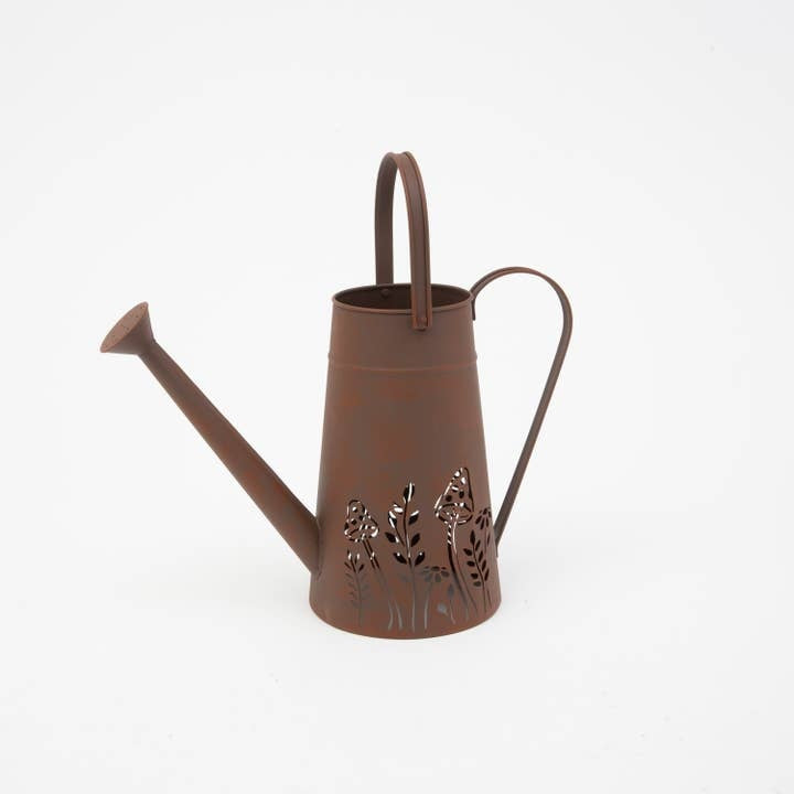 Large Metal Brown Mushroom and Floral Cut Out Botanical 10" Watering Can Planter
