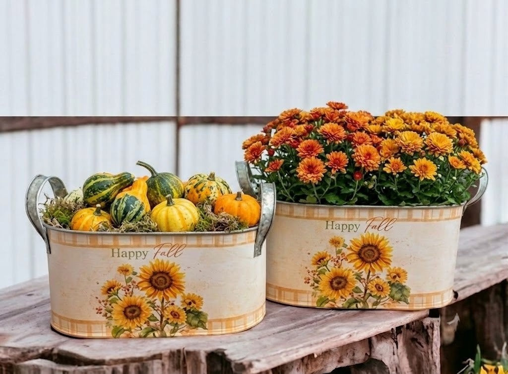 Set of 2 "Happy Fall" Sunflower Galvanized Metal Nesting Planters Autumn Buckets