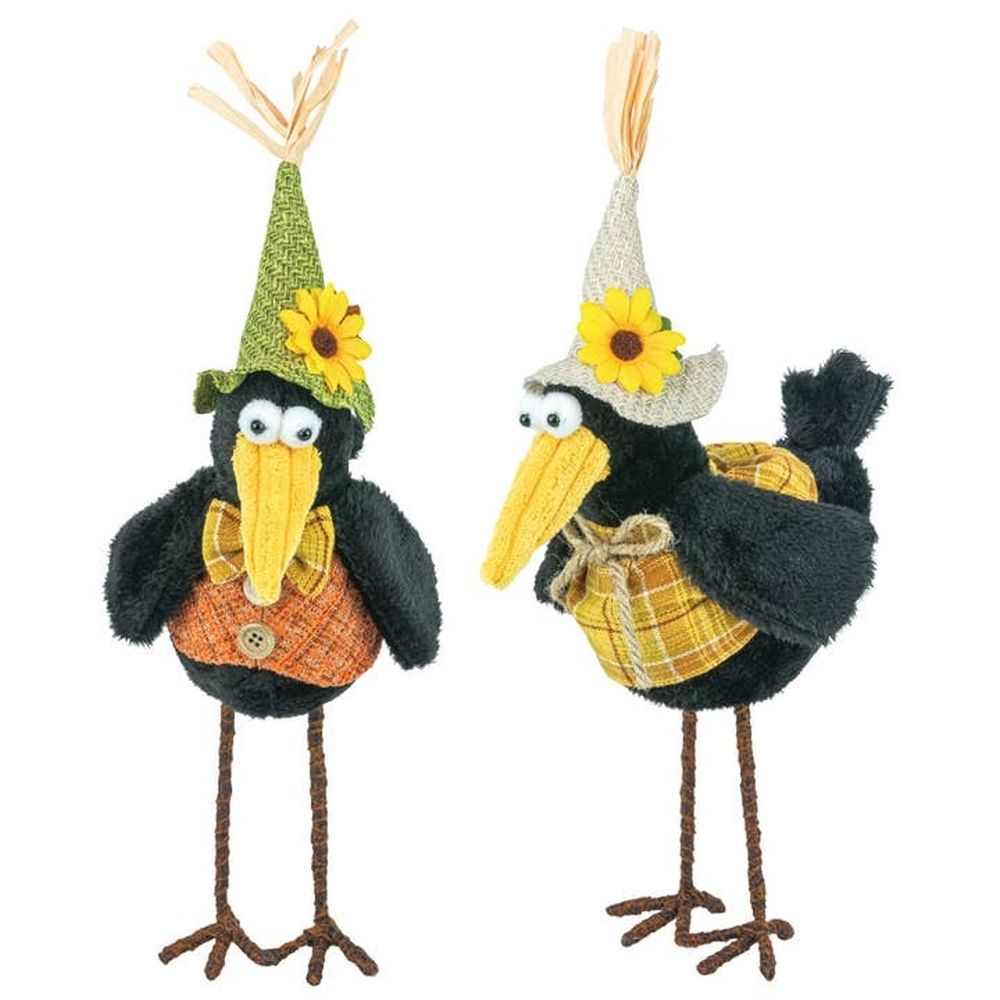 Whimsical Standing Harvest Crows with Sunflowers. Farmhouse Decor, Set of Two