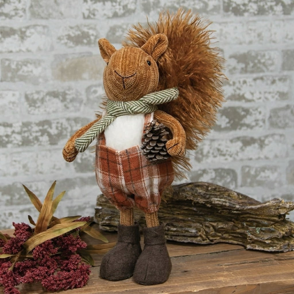 Rustic Squirrelly Harvest Stander – Autumn Figurine with Scarf & Pinecone Accent