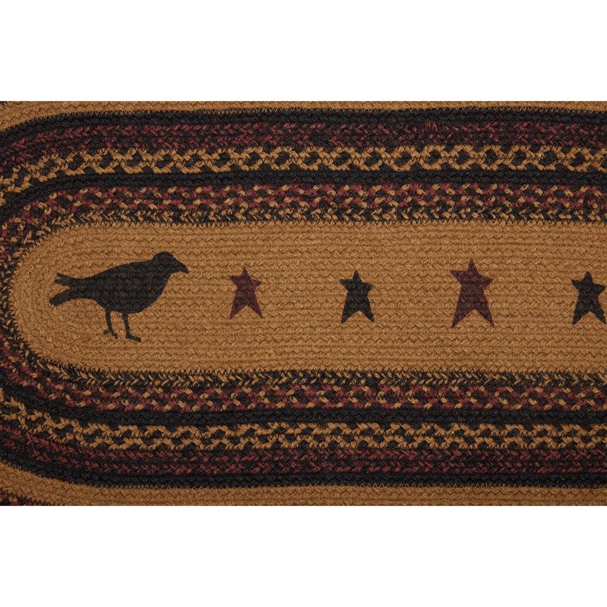 Braided Jute Oval Table Runner 13" x 36" Primitive Crow Star Colonial Folk Art