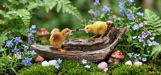 Miniature Baby Chicks Tug of War Statuary with Ladybug, Fairy Garden Resin Decor