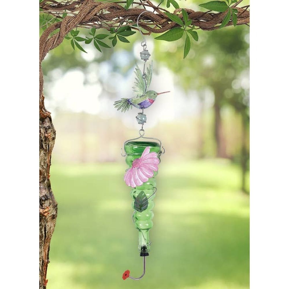 Painted Gardens Metal and Glass 27" Decorative Green Hummingbird Feeder