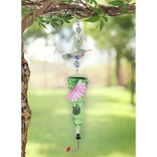 Painted Gardens Metal and Glass 27" Decorative Green Hummingbird Feeder