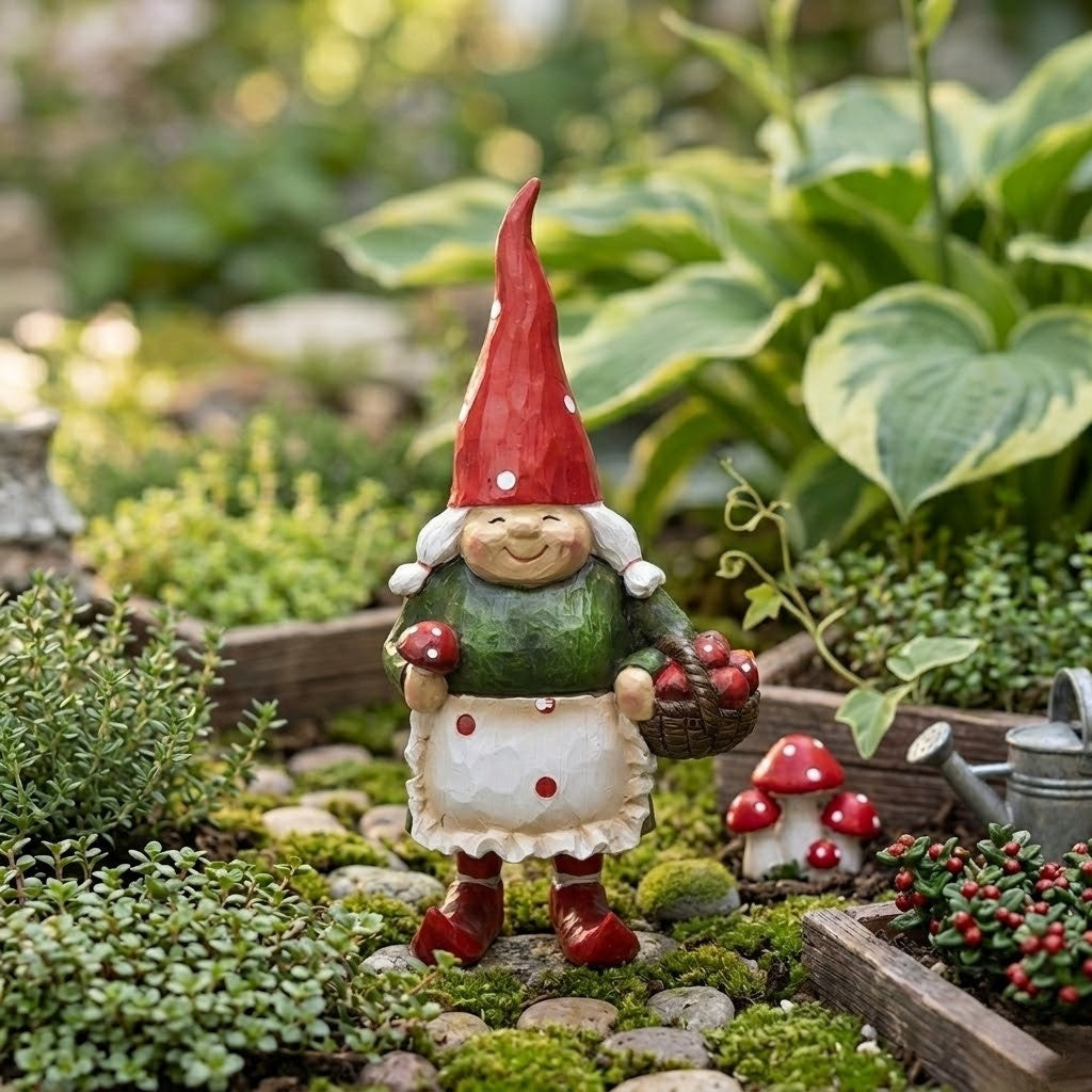 Granny Garden Gnome With Toadstool Basket, Small Statuette Garden Decor