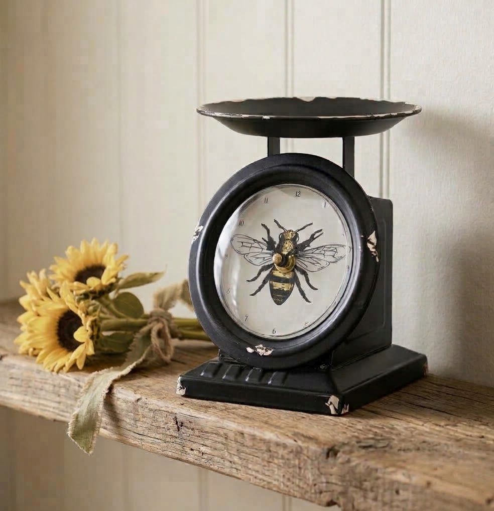 Distressed Vintage Style Black Bee Old Town Metal Scale 7" Tabletop Clock