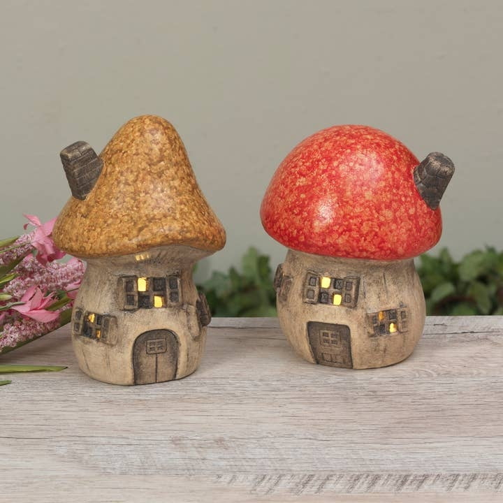 Toadstool Whimsical Light-Up Ceramic Mushrooms Small 5.83" Houses, Set of 2