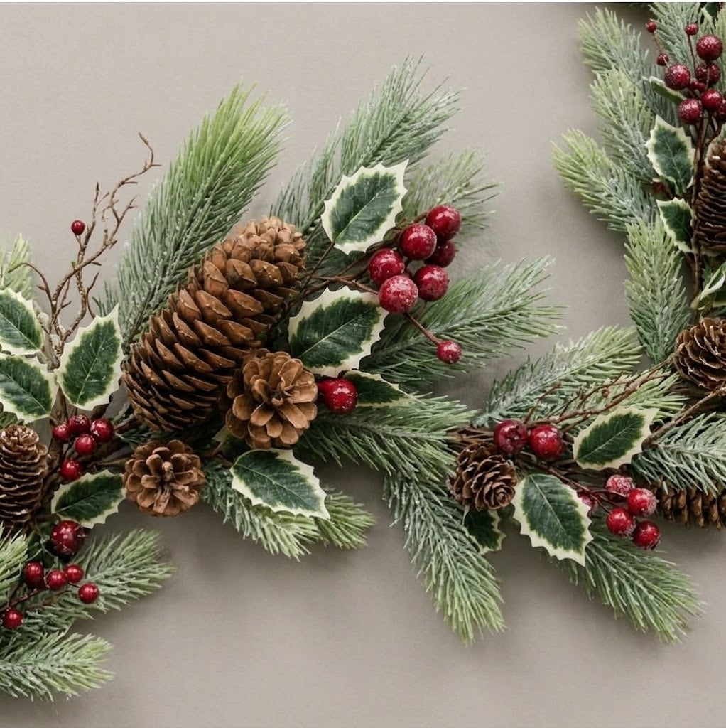 Christmas Artificial Variegated Holly, Fir, Pinecones and Berries Garland, 58"