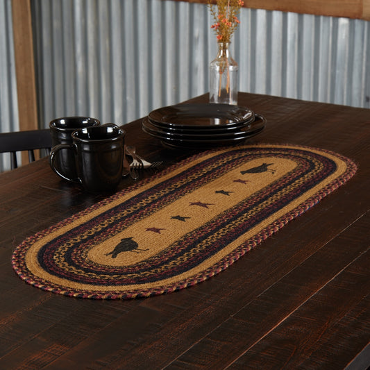 Braided Jute Oval Table Runner 13" x 36" Primitive Crow Star Colonial Folk Art
