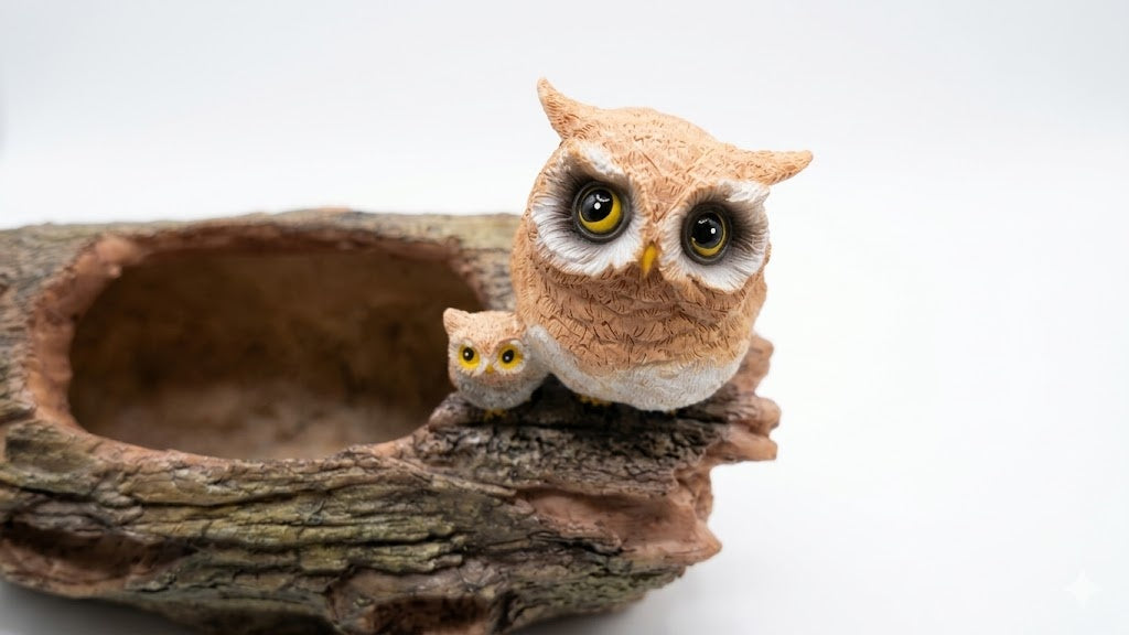 Enchanted Forest Resin Log Planter with Owls and Mushrooms, 8" Woodland Decor