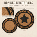 Black Star Braided Jute Trivet Set of 3, 8-Inch Primitive Table Accents