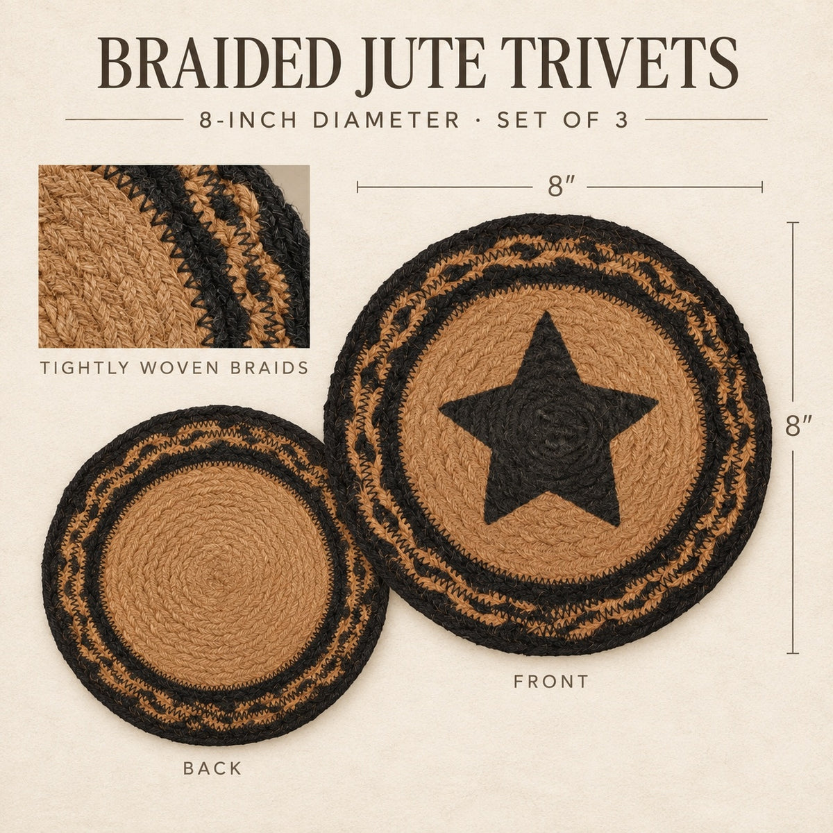 Black Star Braided Jute Trivet Set of 3, 8-Inch Primitive Table Accents
