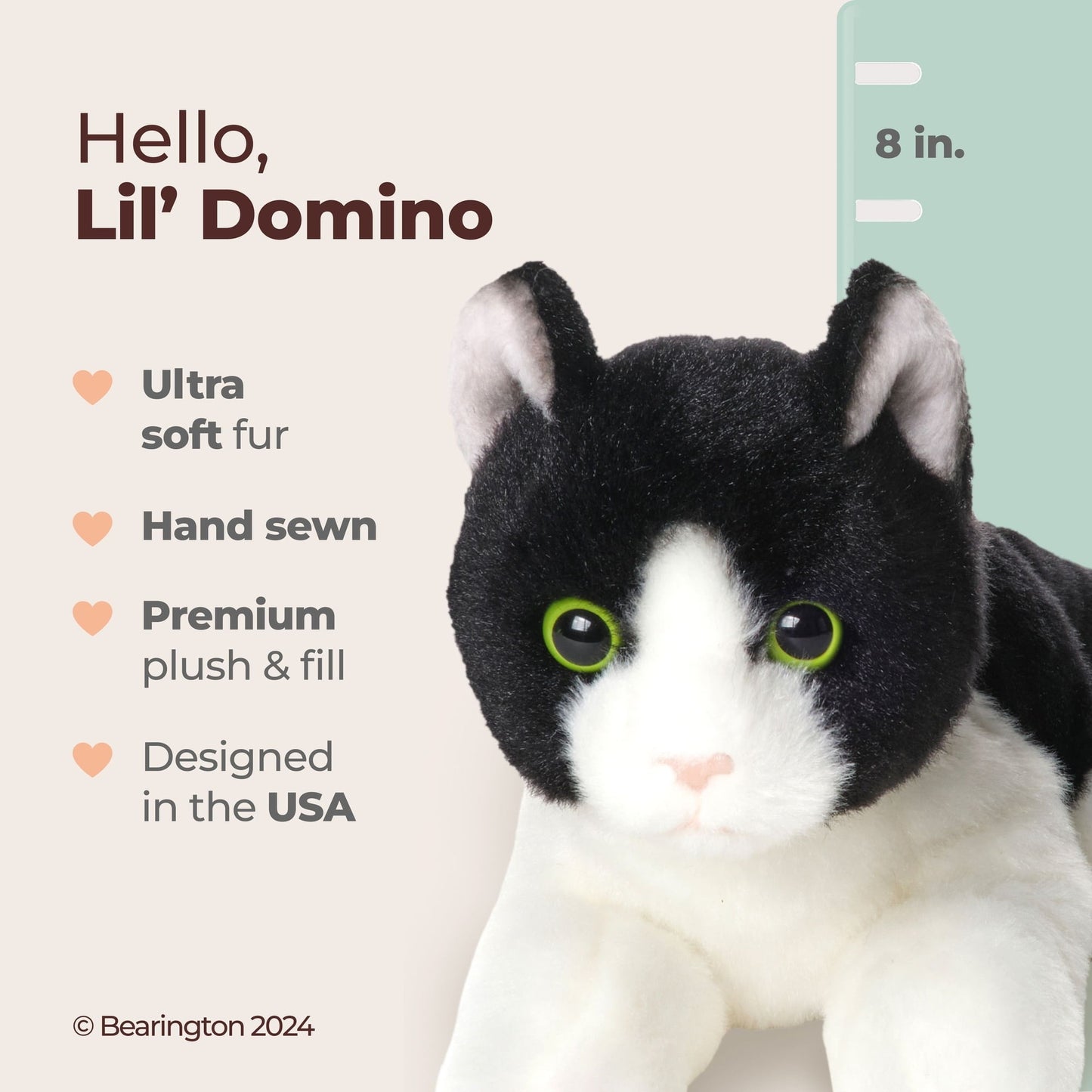 Bearington Collection Lil' Domino the Black & White Cat, Tuxedo Kitten Plush 8"