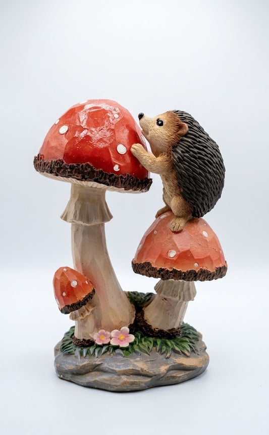 Cute Solar LED Hedgehog & Mushrooms Garden Statue, Woodland Animal Yard Decor