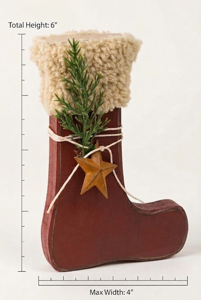 Primitive Wood Stocking Sitter W/Pine & Rusty Star6" Mini Christmas Decor