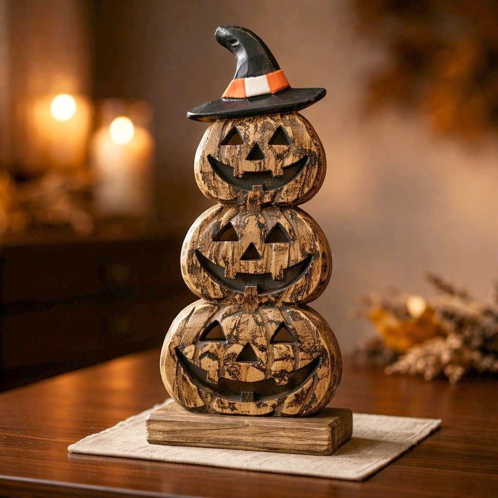 10.5" Rustic Stacked Pumpkin Jack-O'-Lantern Witch Hat Halloween Fall Decor