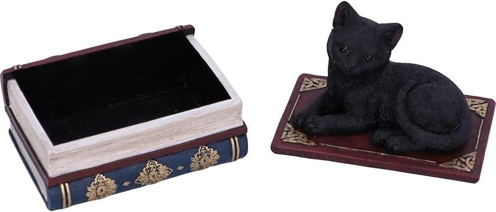 Black Cat Miniature Statuette Perched on a Faux-Antique Book Keepsake Box