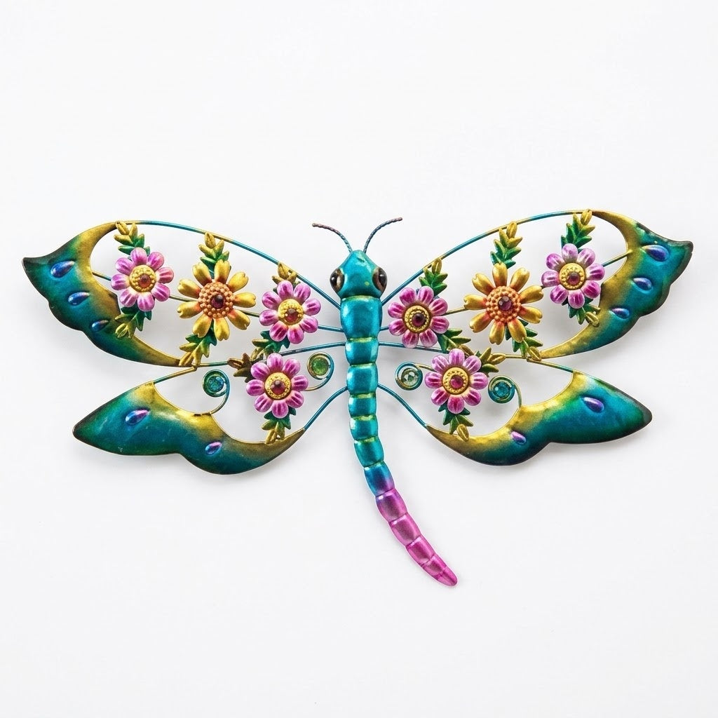 21.5" Colorful Metal and Acrylic Floral Dragonfly Indoor/Outdoor Wall Art