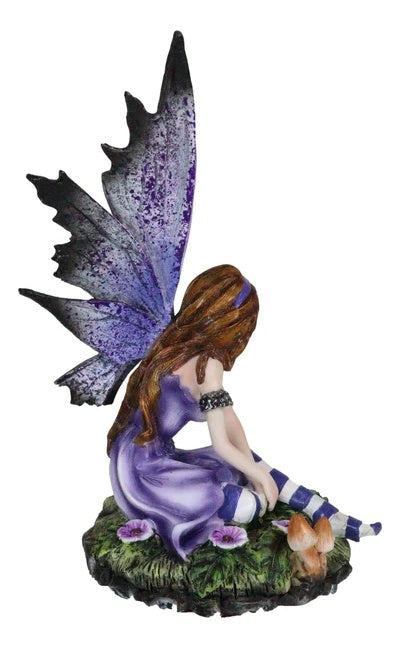 Miniature Flower Fairy Figurine with Lavender Wings, Striped Socks, Faery Decor