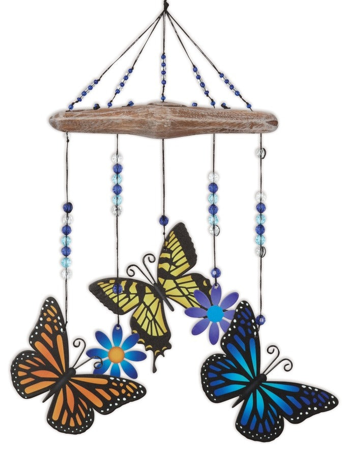 Painted Metal Butterfly Trio and Flowers Small 10" Windchime