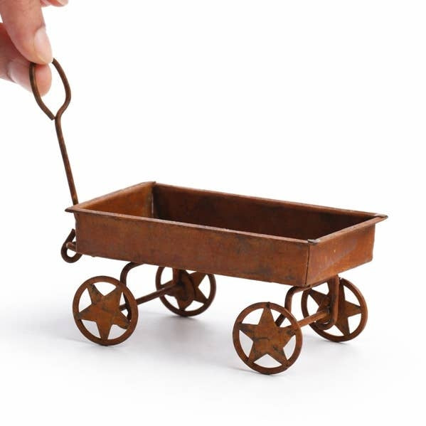 Miniature Rusted Metal Primitive Wagon with Star Wheels Fairy Garden Mini Decor